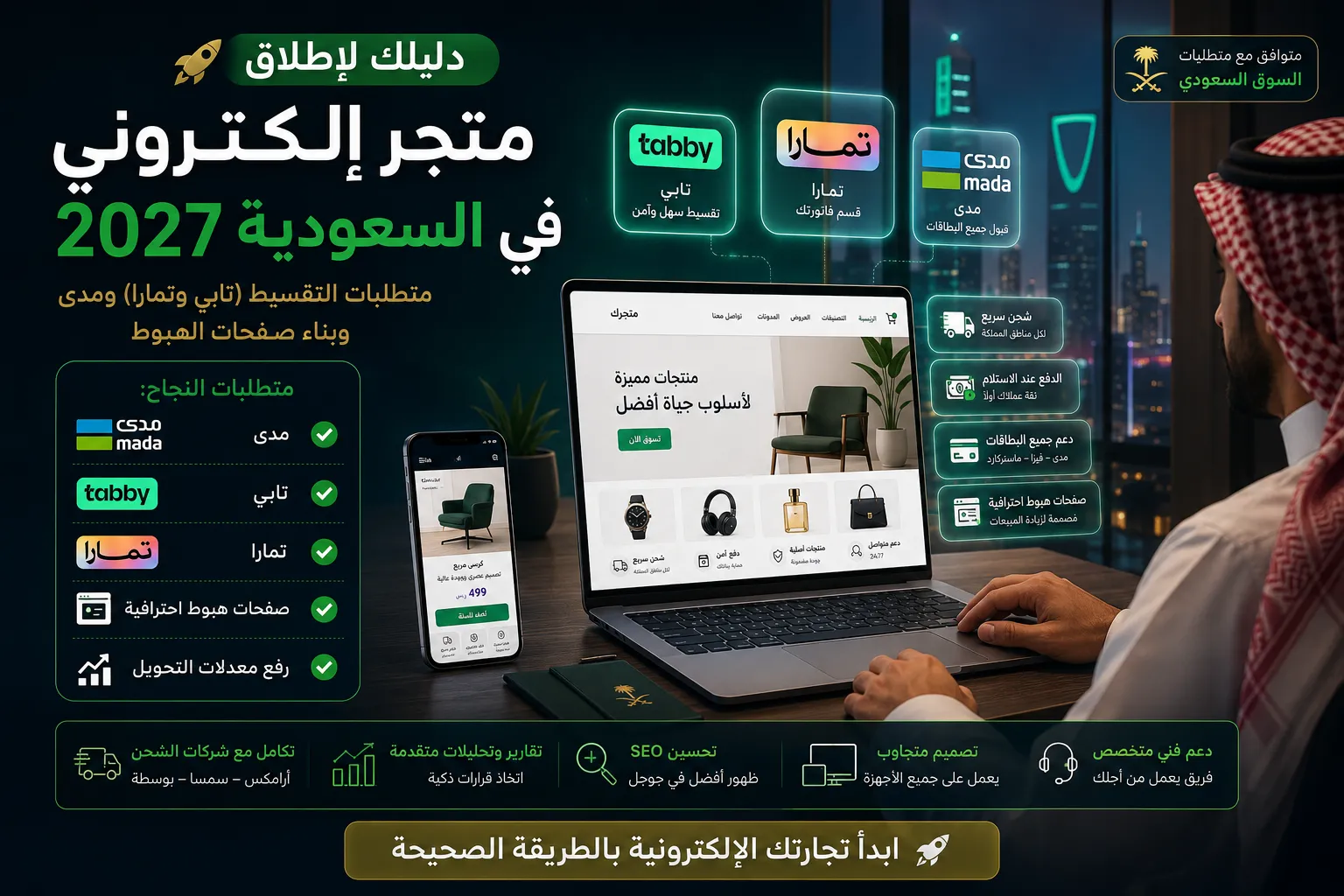 دليلك لإطلاق متجر إلكتروني السعودية 2026: متطلبات التقسيط (تابي وتمارا) ومدى وبناء صفحات الهبوط
